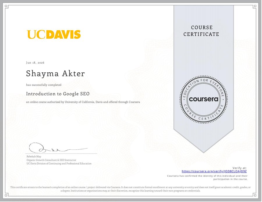 Coursera certificate, Introduction to Google SEO, UC Davis
