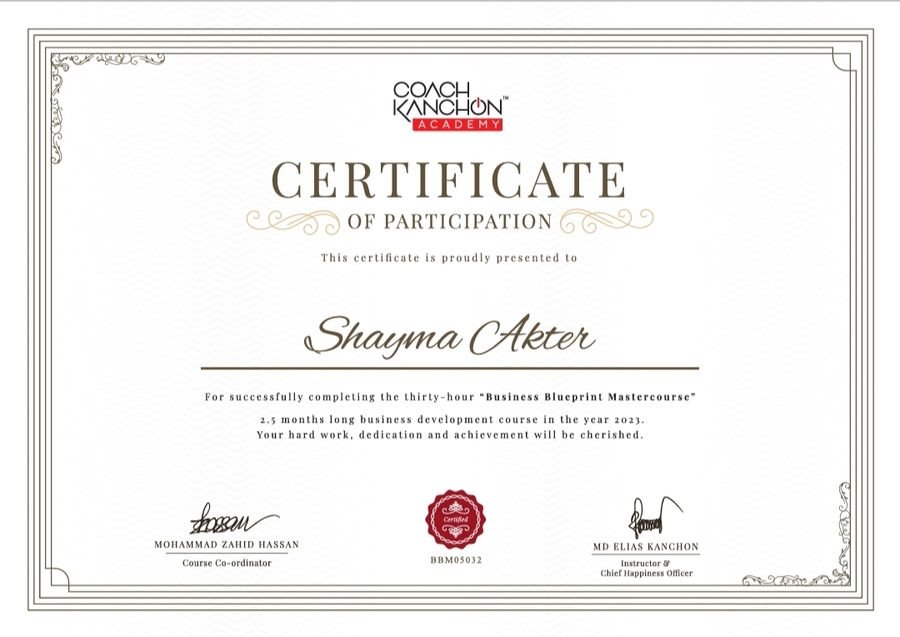 Business Fundamentals and Blueprint Master Course certificate, Coach Kanchon Academy